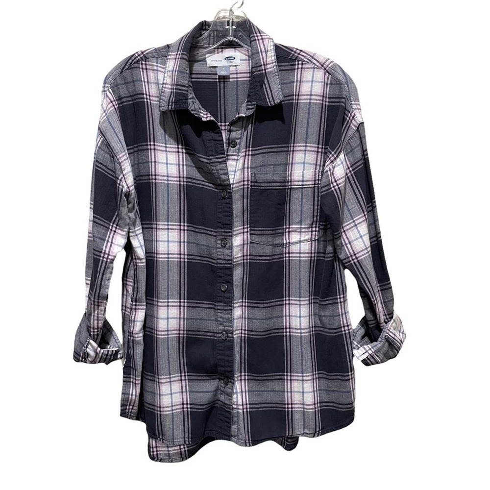 Old Navy Boyfriend Plaid Button Up Grey Size Medium